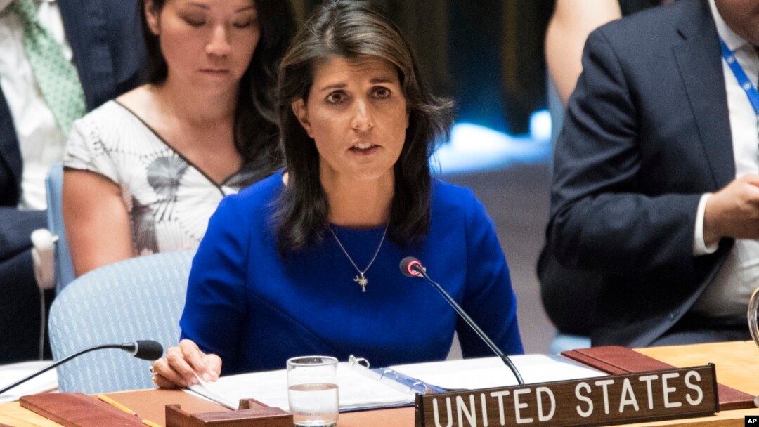 U.S. Ambassador to the United Nations Nikki Haley speaks during a Security Council meeting at United Nations headquarters, Aug. 28, 2018.