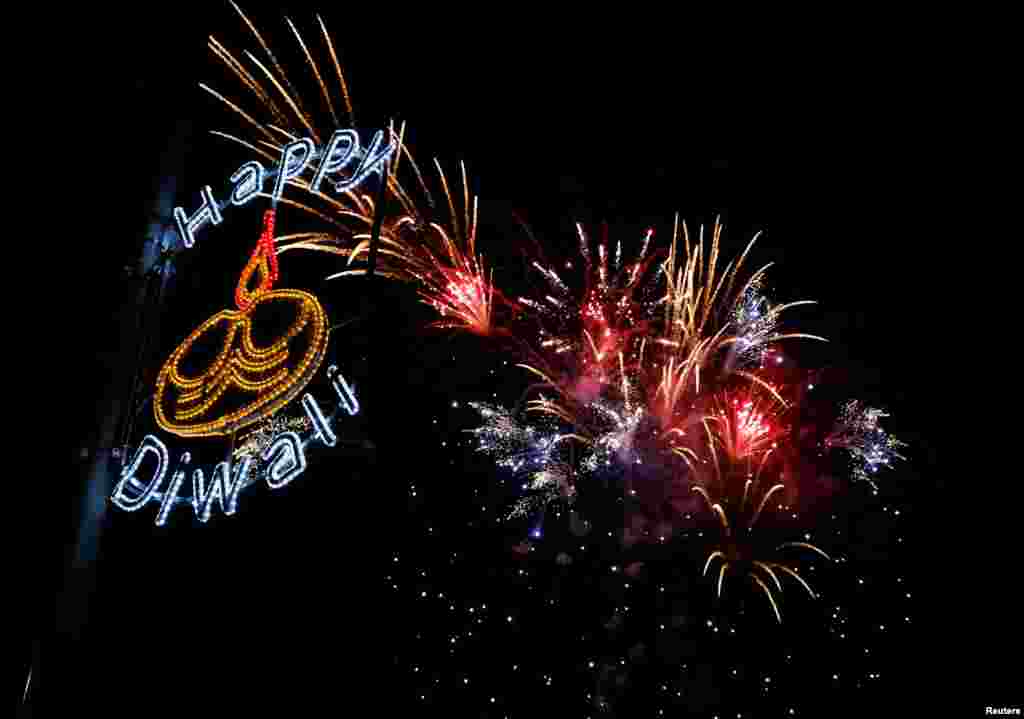 Fireworks fill the sky during the Diwali lights switch on in Leicester, Britain, Oct. 8, 2017.