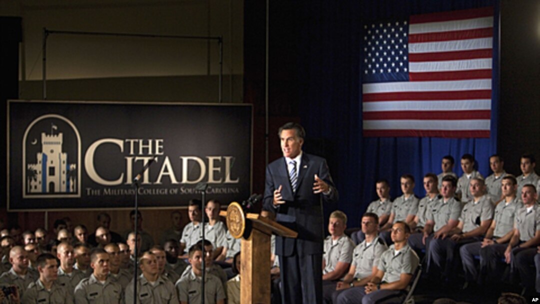 Republican presidential candidate and former Massachusetts Gov. Mitt Romney speaks to Citadel cadets and supporters during a campaign speech inside Mark Clark Hall on the Citadel campus in Charleston, South Carolina, Octorber 7, 2011.