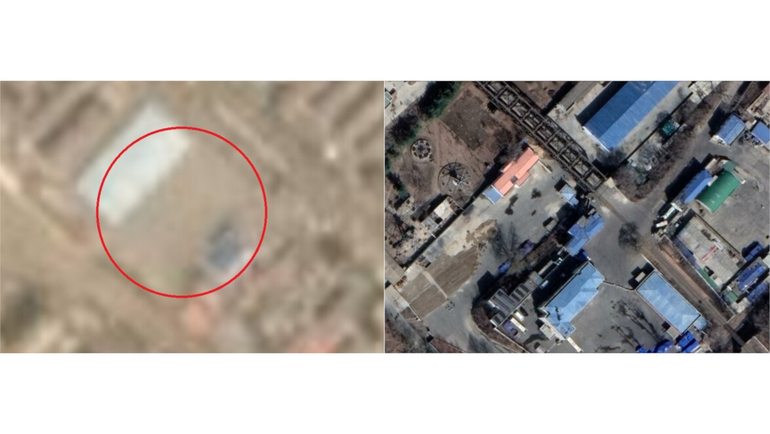 지난 21일 중국 단둥의 세관 트럭 야적장을 촬영한 플레닛랩스의 위성사진(왼쪽∙자료=Planet Labs). 오른쪽은 '조중우의교'의 북한 신의주 일대의 모습으로, 두 곳 모두 한산하다는 사실을 알 수 있다. (자료=Google Earth / Maxar Technologies)
