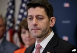 FILE - House Speaker Paul Ryan, joined by members of the Republican leadership, speaks about getting the failure to pass a health care overhaul bill, on Capitol Hill in Washington, March 28, 2017.