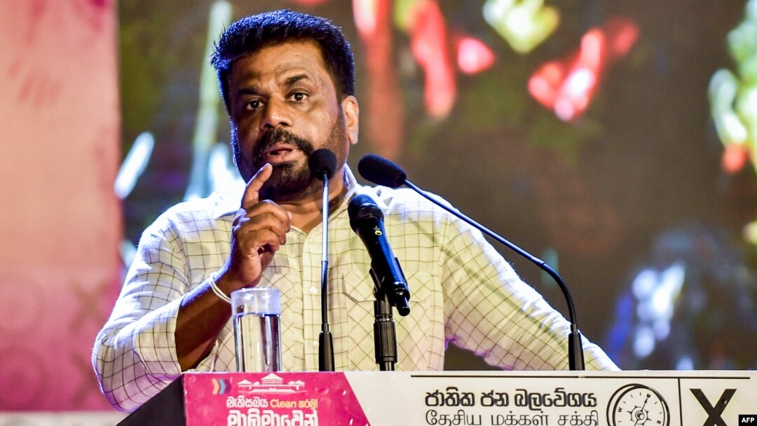 Sri Lanka's President and National People's Power (NPP) party leader Anura Kumara Dissanayake addresses supporters during a rally ahead of upcoming parliamentary elections, in Colombo, Nov. 11, 2024.