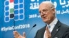 FILE - U.N. Special Envoy on Syria Staffan de Mistura addresses the media during a conference, "Supporting the Future of Syria and the Region," at the EU Council in Brussels, April 25, 2018.