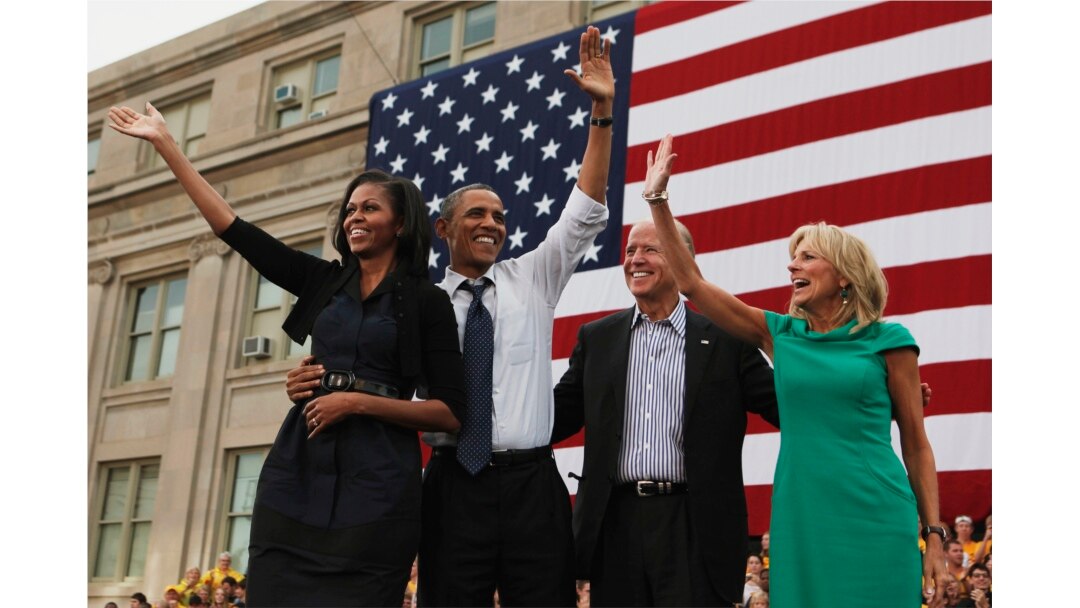 U.S. President Barack Obama, first lady Michelle Obama, U.S. Vice President Joseph Biden, and his wife, Dr. Jill Biden, all wave after Obama speaks at a campaign event at the University of Iowa's Jessup Hall Lawn in Iowa City, Iowa, September 7, 2012.