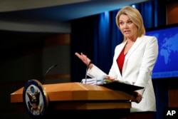 FILE - State Department spokeswoman Heather Nauert speaks during a briefing at the department in Washington, Aug. 9, 2017.