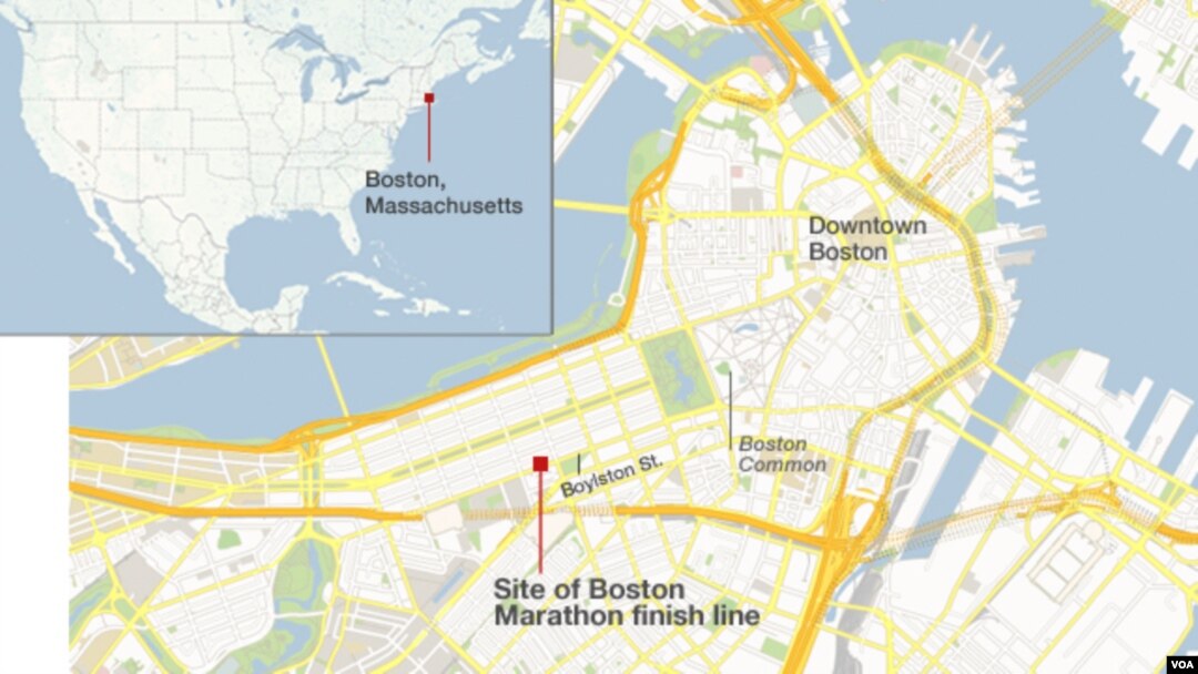 Location of the marathon finish line in Boston, Massachusetts, where two deadly explosions occurred.
