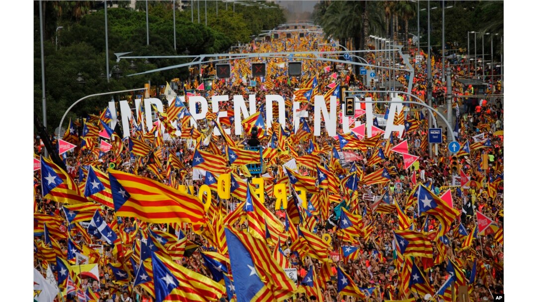 Pro-Independence demonstrators fill-up La Diagonal, one Barcelona's main avenues, during the Catalan National Day in Barcelona, Spain, Sept. 11, 2018.