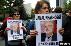 Saudiyalik jurnalist Jamol Xoshuqjining g'oyib bo'lishiga qarshi o'tkazilgan namoyish, Istanbul, Turkiya, 9-oktabr, 2018-yil.