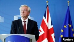 Britain's Secretary of State for Exiting the European Union David Davis looks on during a joint news conference with European Union's chief Brexit negotiator Michel Barnier (not pictured) ahead of Brexit talks in Brussels, Belgium Aug. 28, 2017. 