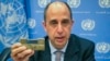 Tomas Ojea Quintana, the United Nations special investigator on human rights in North Korea, holds up a lock given to him by North Koreans who escaped from the country, during a press conference, Oct. 23, 2018, at U.N. headquarters in New York. 