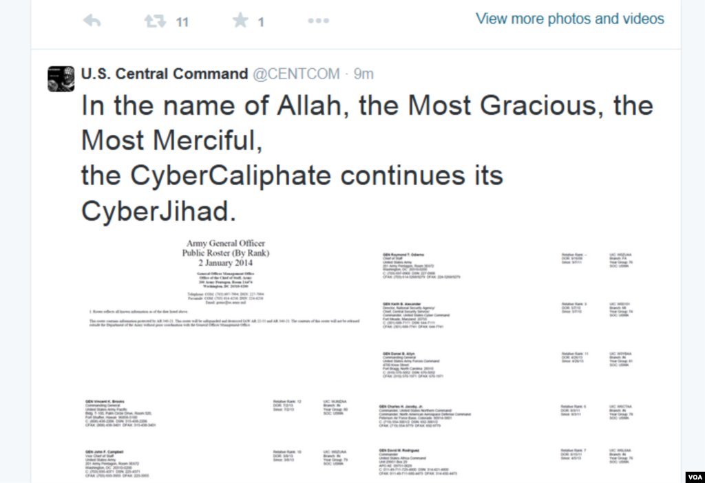"Islomiy davlat" jangari guruhiga xayrixoh ekanini aytayotgan xakerlar Amerika Markaziy qo'mondonligining Twitter va YouTube sahifalariga hujum qildi. Saytlar tahdidli suratlar va ogohlantirishlarga to'lib ketgan. 12-yanvar, 2015-yil.