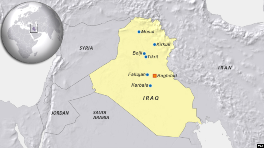 Iraq cities: Mosul, Tikrit, Beiji, Kirkuk, Karbala, Fallujah, Baghdad