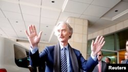 FILE - United Nations Special Envoy to Syria Geir Pedersen gestures in Damascus, Syria, Jan. 15, 2019.