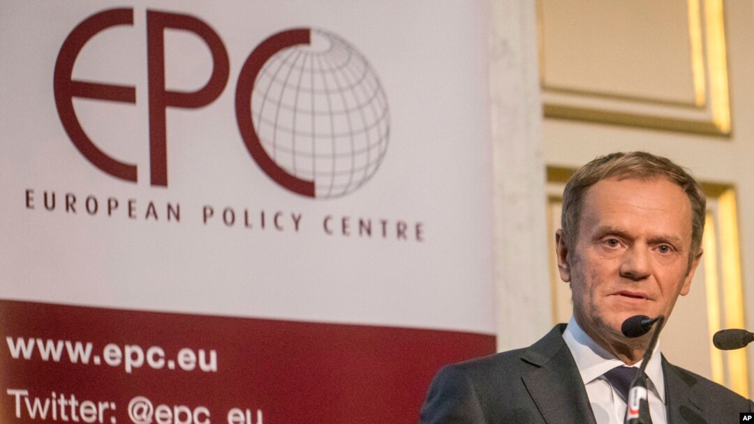 European Union Council President Donald Tusk speaks during a conference 'EU at 60: Unity or Polarization' in Brussels, Oct. 13, 2016.