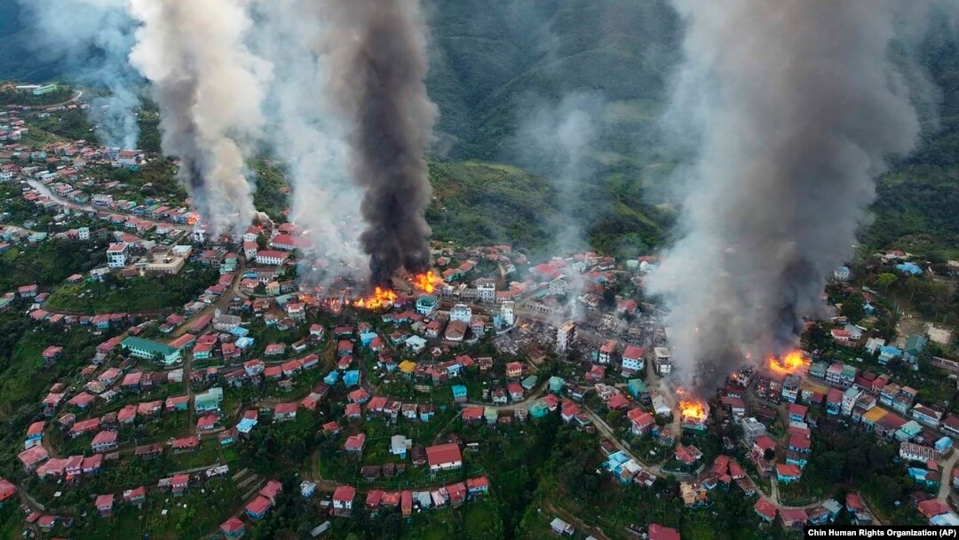 MyanmarFires burn in the town of Thantlang in Myanmar's northwestern state of Chin, Oct. 29, 2021. More than 160 buildings in the town in the northwestern Myanmar, including three churches, have been destroyed by fire caused by shelling by government troo