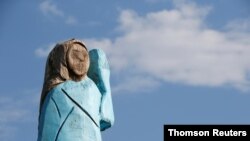 A life-size wooden sculpture of U.S. first lady Melania Trump was unveiled in Rozno, near her hometown of Sevnica, Slovenia, July 5, 2019.