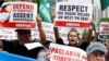 Members of the Akbayan activist group chant anti-China slogans as they march toward the Chinese consulate during a rally on the South China Sea dispute, in Makati, Metro Manila, in Philippines, July 12, 2018. Two years ago this month China lost a world arbitration court ruling to the Philippines over the legal basis for its maritime claims.