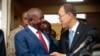 U.N. Secretary General Ban Ki-moon (r) and Burundi's President Pierre Nkurunziza shake hands during a joint press conference in Bujumbura, Burundi, Feb. 23, 2016.