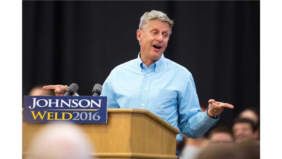 FILE - Libertarian presidential candidate Gary Johnson speaks during a campaign rally, Sept. 3, 2016, at Grand View University in Des Moines, Iowa.