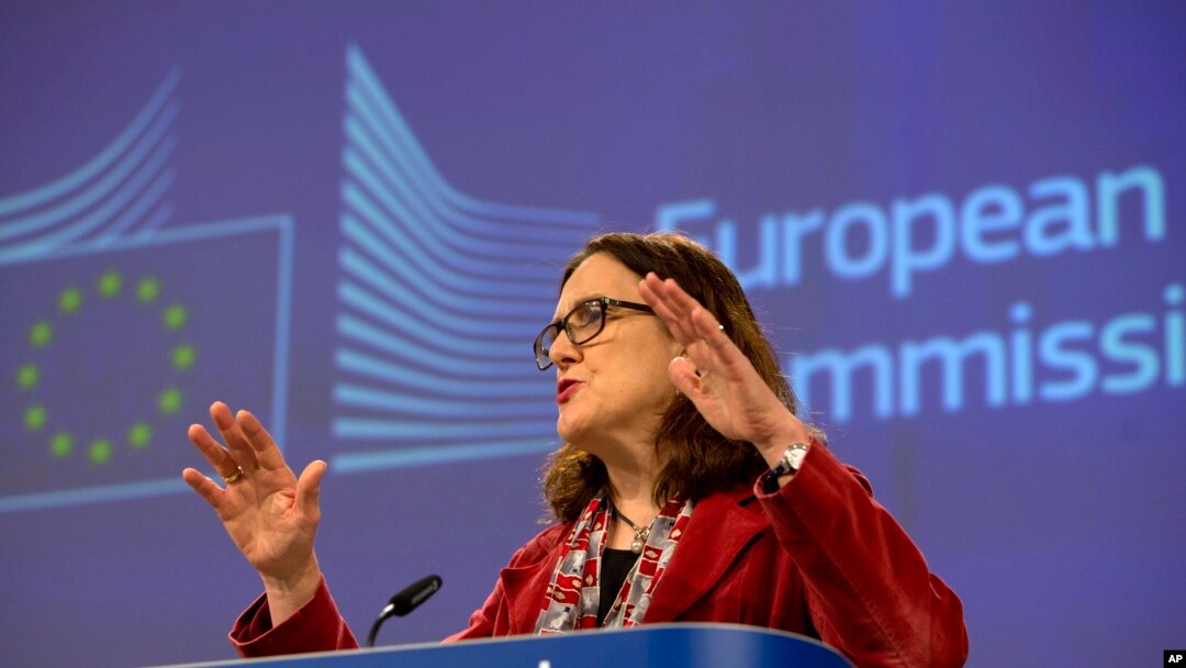 FILE - European Union Trade Commissioner Cecilia Malmstrom speaks during a media conference at EU headquarters in Brussels, Jan. 18, 2019. 