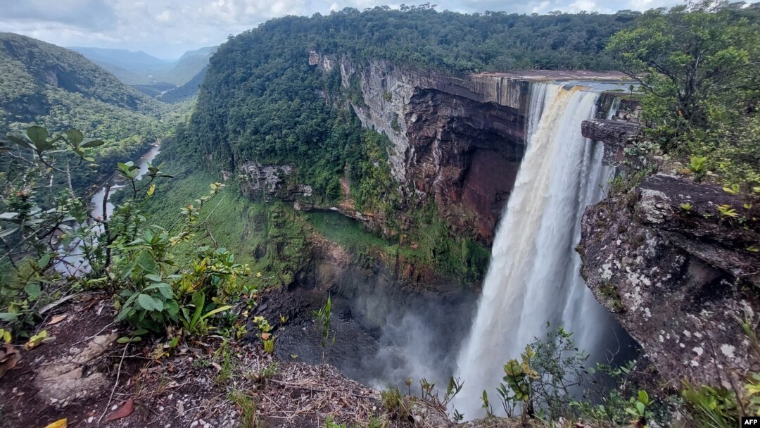 View of Kaieteur, the world's largest single drop waterfall, located in the Potaro-Siparuni region of Guyana, on April 12, 2023. The falls are part of Essequibo, an oil-rich disputed area that is administered by Guyana but that Venezuelans claimed as theirs in a referendum.
