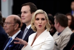 Ivanka Trump, Jared Kushner and Commerce Secretary Wilbur Ross listen during an event with President Donald Trump at a Louis Vuitton workshop near Alvarado, Texas, Oct. 17, 2019.