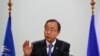 United Nations Secretary General Ban Ki-moon is seen addressing a meeting at the World Climate Change Conference 2015 (COP21) at Le Bourget, near Paris, France, Dec. 7, 2015. 