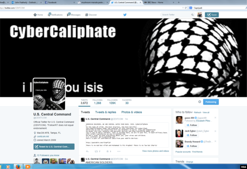 "Islomiy davlat" jangari guruhiga xayrixoh ekanini aytayotgan xakerlar Amerika Markaziy qo'mondonligining Twitter va YouTube sahifalariga hujum qildi. Saytlar tahdidli suratlar va ogohlantirishlarga to'lib ketgan. 12-yanvar, 2015-yil.