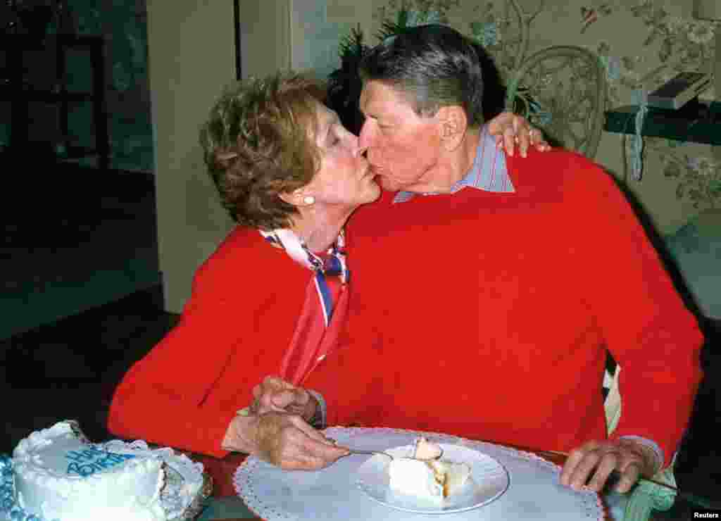A hand out photograph of Ronald and Nancy Reagan taken on Feb. 6, 2000, on the occasion of President Reagan's 89th birthday celebration at the Reagan's home in Bel Air, California, released by Reagan's office.