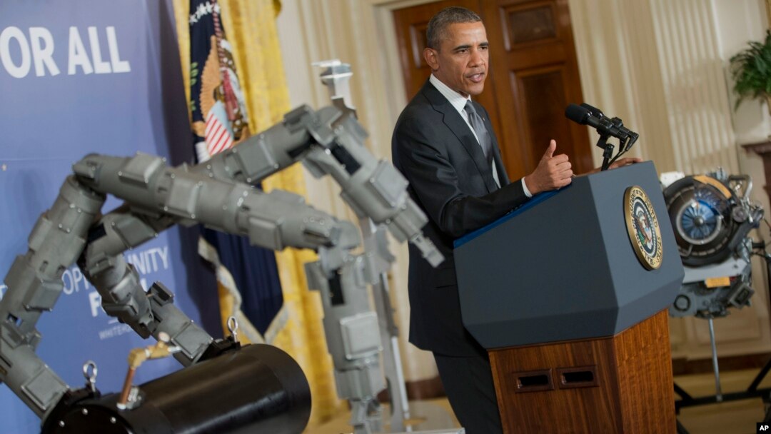 President Barack Obama speaks about manufacturing innovation institutes in the East Room of the White House, Feb. 25, 2014.