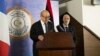French Minister of Foreign Affairs Jean-Yves Le Drian with the Libyan Minister of Foreign Affairs Mohammed Siala during a press conference at the Prime Minister Building, Tripoli, Libya, Sept. 4, 2017.