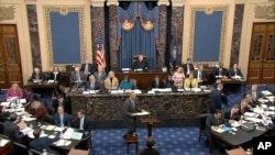 House impeachment manager Rep. Hakeem Jeffries, D-N.Y., speaks during the impeachment trial against President Donald Trump in the Senate at the U.S. Capitol in Washington, Jan. 24, 2020, in this image from video. 