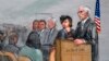 In this courtroom sketch, Boston Marathon bombing suspect Dzhokhar Tsarnaev, second from right, is depicted with his lawyers, left, beside U.S. District Judge George O'Toole Jr., right, as O'Toole addresses a pool of potential jurors in a jury assembly ro