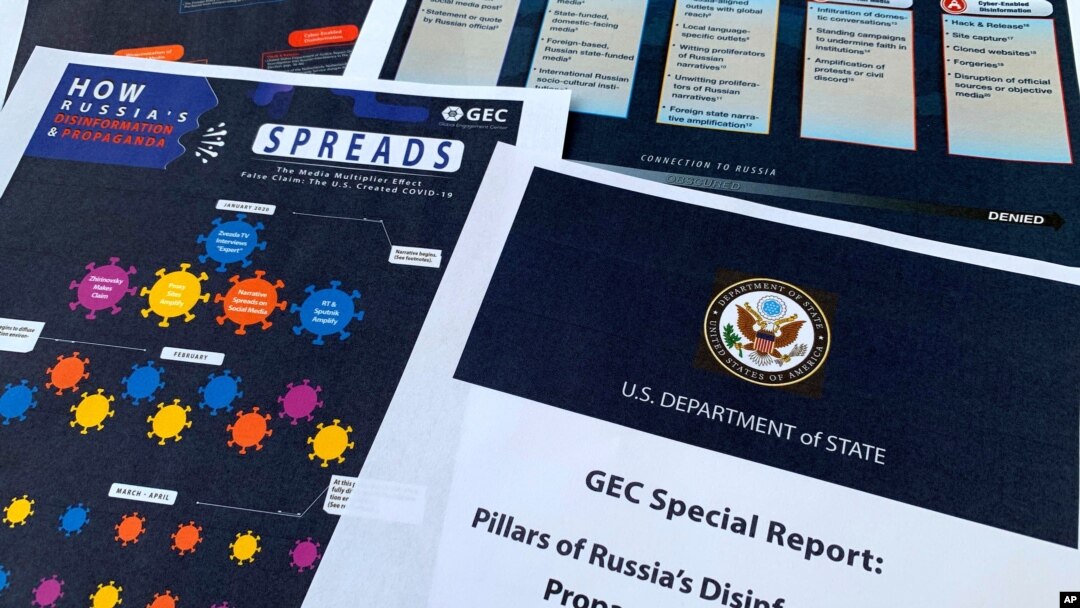 Pages from the U.S. State Department's Global Engagement Center report released on Aug. 5, 2020, are seen in this photo. 