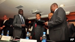 Nhail Deng Nhail, 2nd left, the head of South Sudan's negotiating team, and top negotiator for the rebel's side, Taban Deng Gai, right, a general in South Sudan's army before he defected, sign a cessation of hostilities agreement in Addis Ababa, Jan 23, 2014.
