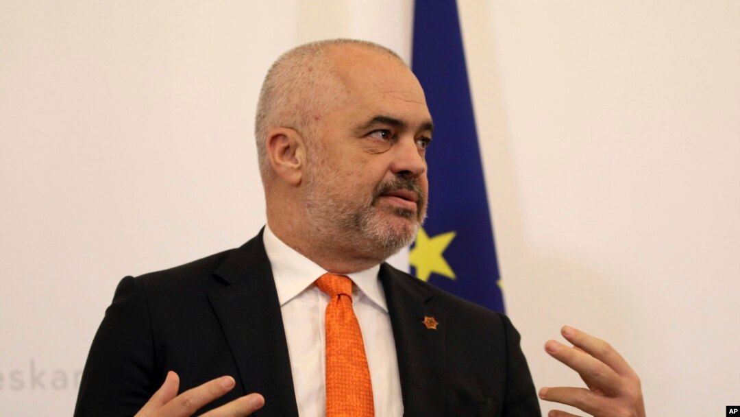 FILE - Prime Minister of Albania Edi Rama addresses the media during a press conference at the federal chancellery in Vienna, Austria, Nov. 19, 2018. 