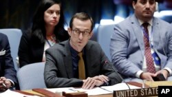 Rodney Hunter, U.S. counselor for political affairs, addresses the U.N. Security Council, Aug. 29, 2018, at U.N. headquarters. 