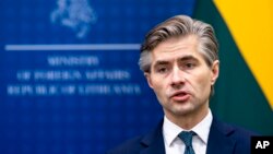 Міністр закордонних справ Литви Кястутіс Будрис виступає під час спільної медіаконференції з міністром закордонних справ Греції Георгіосом Герапетрітом у Міністерстві закордонних справ у Вільнюсі, Литва, 29 січня 2024 р. (Фото: AP Photo/Mindaugas Kulbis)