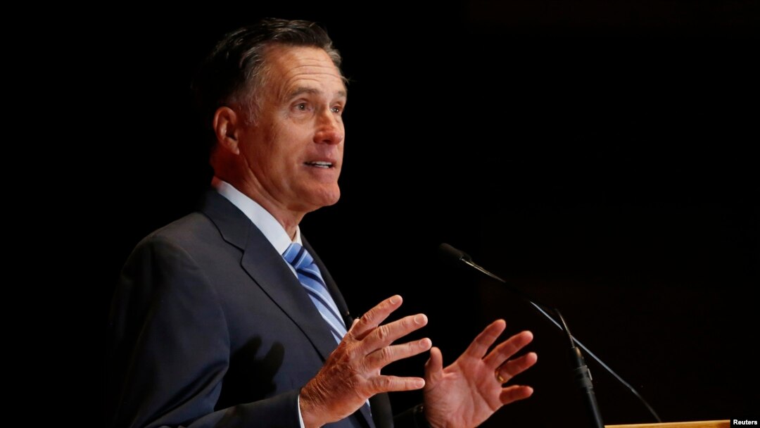 Former Republican U.S. presidential nominee Mitt Romney speaks critically about current Republican presidential candidate Donald Trump and the state of the 2016 Republican presidential campaign during a speech at the Hinckley Institute of Politics at the 